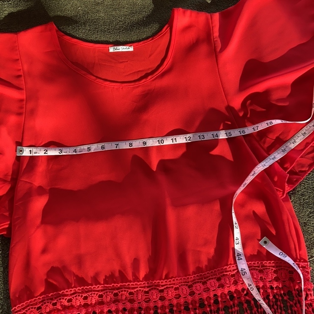3/$20 Blue Sketch Red Fringe Top Flutter Sleeve Boho 4.5” Trim Fairycore Whimsy - Picture 8 of 11